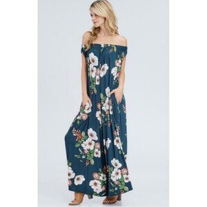 Off The Shoulder Floral Jumpsuit Teal